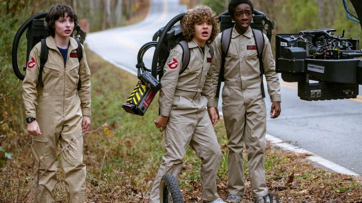 Finn Wolfhard, Gaten Matarazzo and Caleb McLaughlin during the taping of season 2 of Netflix’s “Stranger Things.”