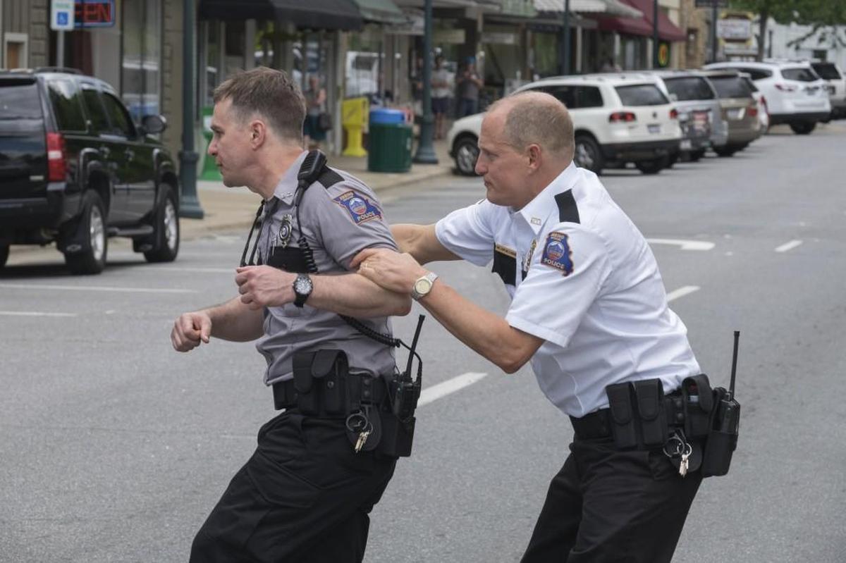 Sam Rockwell, left, and Woody Harrelson in a scene from “Three Billboards Outside Ebbing, Missouri,” which was filmed in Western North Carolina. Both were noinated for Best Supporting Actor, and Rockwell won.