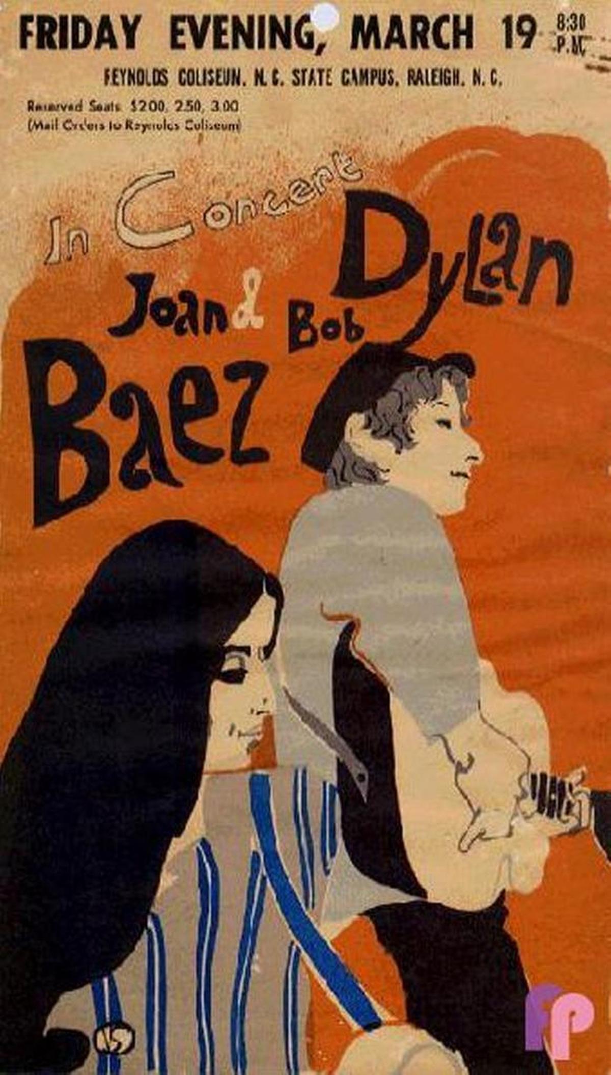 This is the poster for Joan Baez and Bob Dylan in concert March 19, 1965, at Reynolds Coliseum in Raleigh. That year was a legendary one for Raleigh’s singers, artists and scene makers. In addition to the Dylan-Baez show, the Rolling Stones gave a blistering performance in November, also at Reynolds.