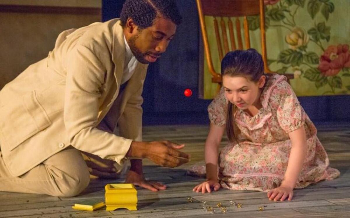 In the virtual reality of “The Nether” Iris, played by Marleigh Purgar-McDonald, right, teaches a new game to Woodnut, played by Lazarus Simmons.