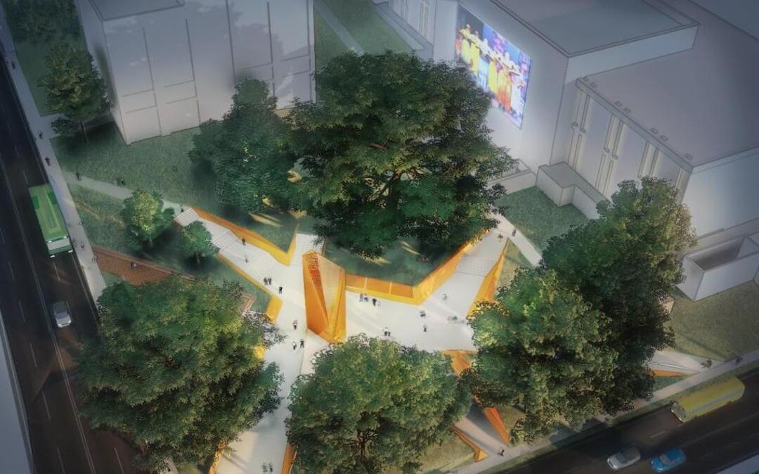 A rendering of Freedom Park showing an aerial view. The park is planned for a small lot at Lane and Wilmington streets in downtown Raleigh. The design calls for the blank, windowless, north wall of the North Carolina State Archives to be transformed into a massive media wall.