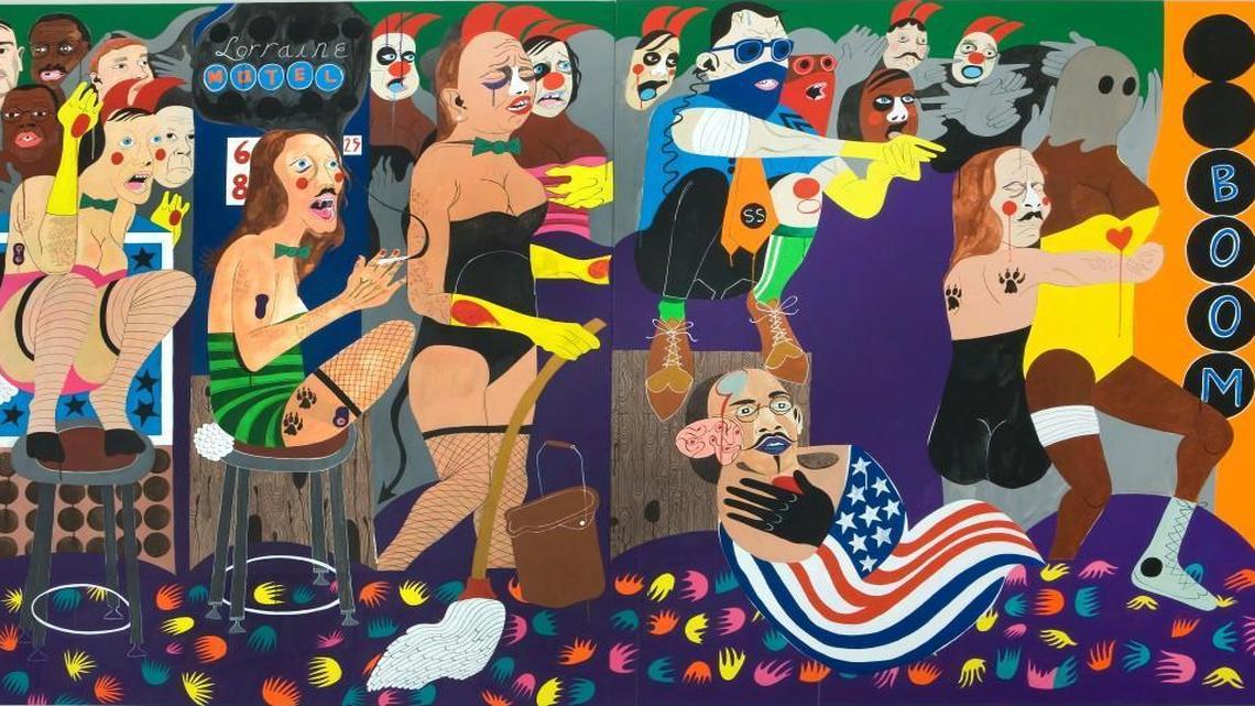 Nina Chanel Abney, “Close But No Cigar,” 2008. Acrylic on canvas, 84 x 146 inches (213.36 x370.84 cm) overall. Collection of Scott R. Coleman.