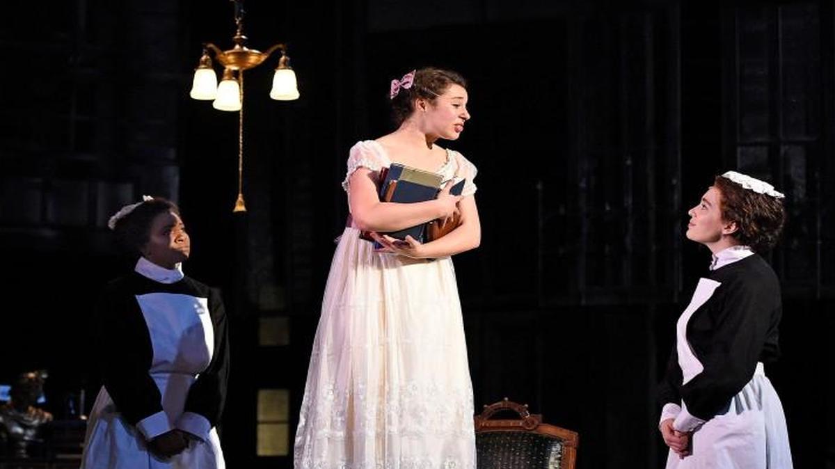 From left, Catherine Baird, Shanelle Nicole Leonard, Mia Pinero as Eliza Doolittle, and Jenny Latimer in PlayMakers Repertory Company’s production of “My Fair Lady.”