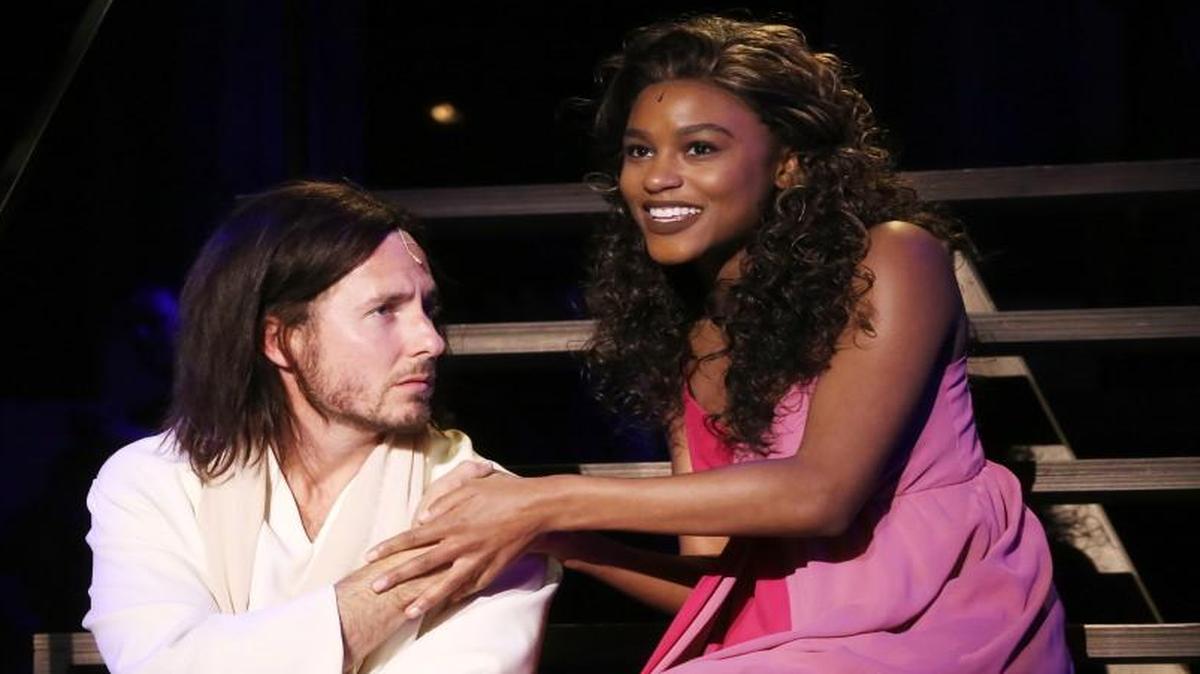 Aleks Pevec, left, as Jesus of Nazareth and Brennyn Lark, as Mary Magdalene, in NC Theatre’s version of “Jesus Christ Superstar.”