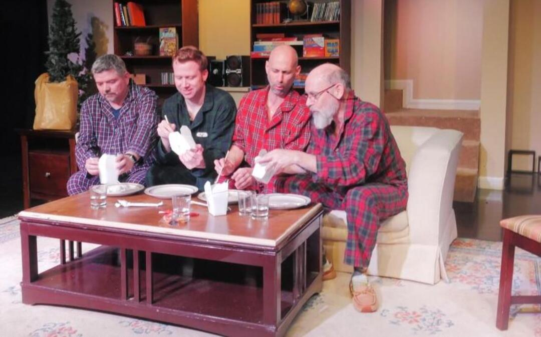 Brian Thacker as Matt, Nick Popio as Drew, Sean Wellington as Jake, and Simon Kaplan as Ee in Sonorous Road's production of “Straight White Men” by Young Jean Lee."