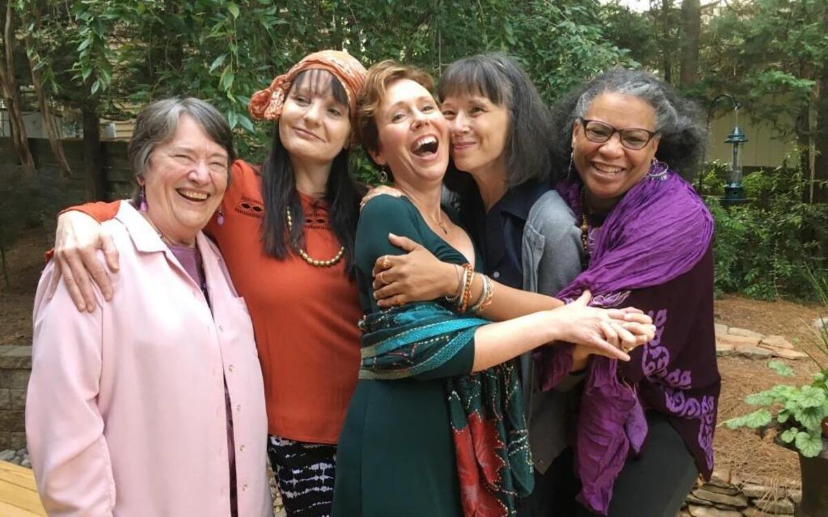 From left, Judy McCord, Jennifer Kuzma, Lisa Leonard, Julie Oliver and Verlene Oates rehearse “The Woodstock Tontine.” Steffi Rubin’s piece will premiere Friday at the second annual Women’s Theatre Festival.