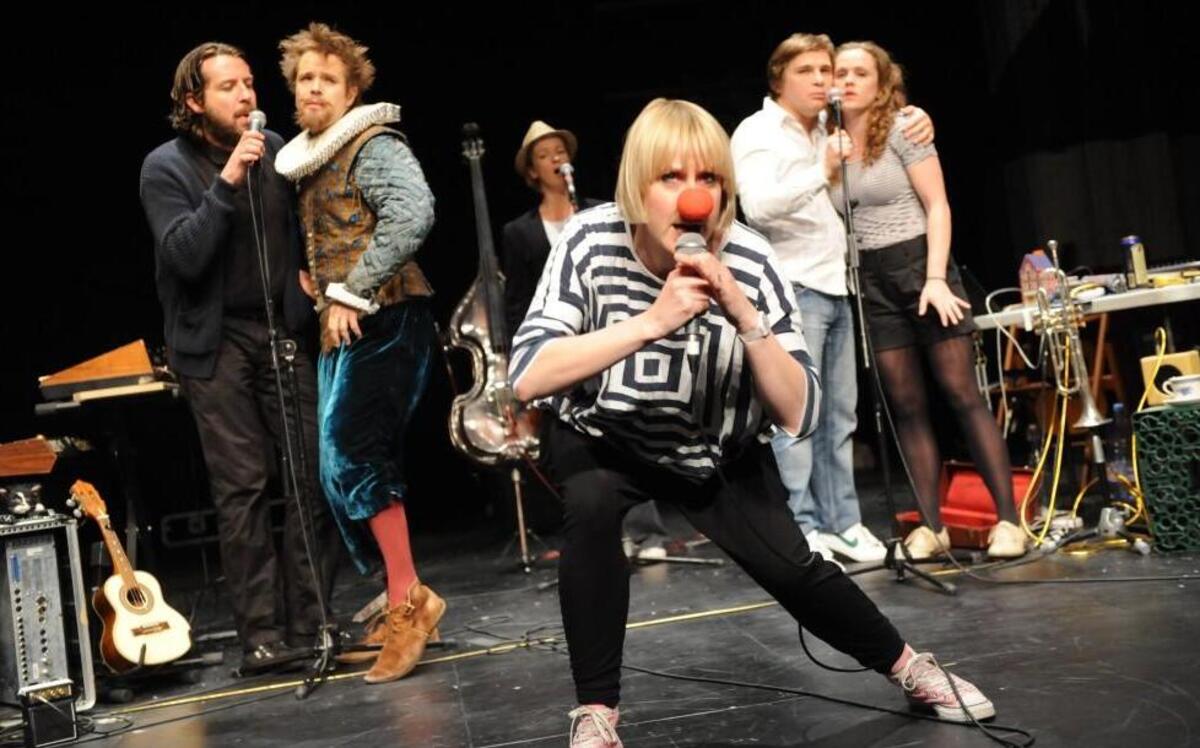 From left, Ferdy Roberts, Oliver Dimsdale, Gemma Saunders, Jonathan Broadbent and Victoria Moseley in Filter Theatre Company's “Twelfth Night.”