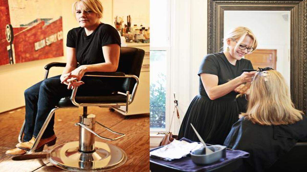 
Traci Lorraine Farmer at her downtown Raleigh art studio, left, and at her salon, Crazy Combs, right. Farmer’s bright, industrial landscapes are on display until the end of the month at Margaux’s, a north Raleigh restaurant where Farmer met her husband years ago while both were waiting tables.
