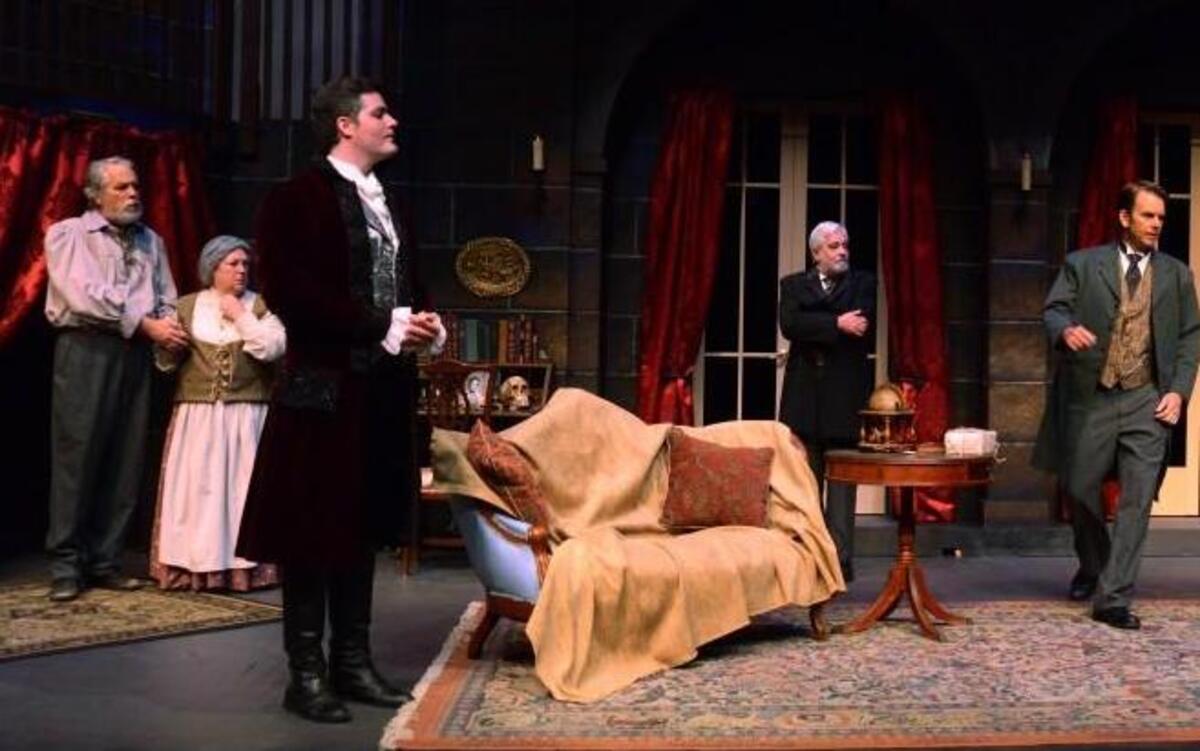 
The cast, from left, Danny Norris, Kathy Norris, Ira David Wood IV, John Honeycutt, James Miller, Caroline Millington and D. Anthony Pender in “Dracula.”
