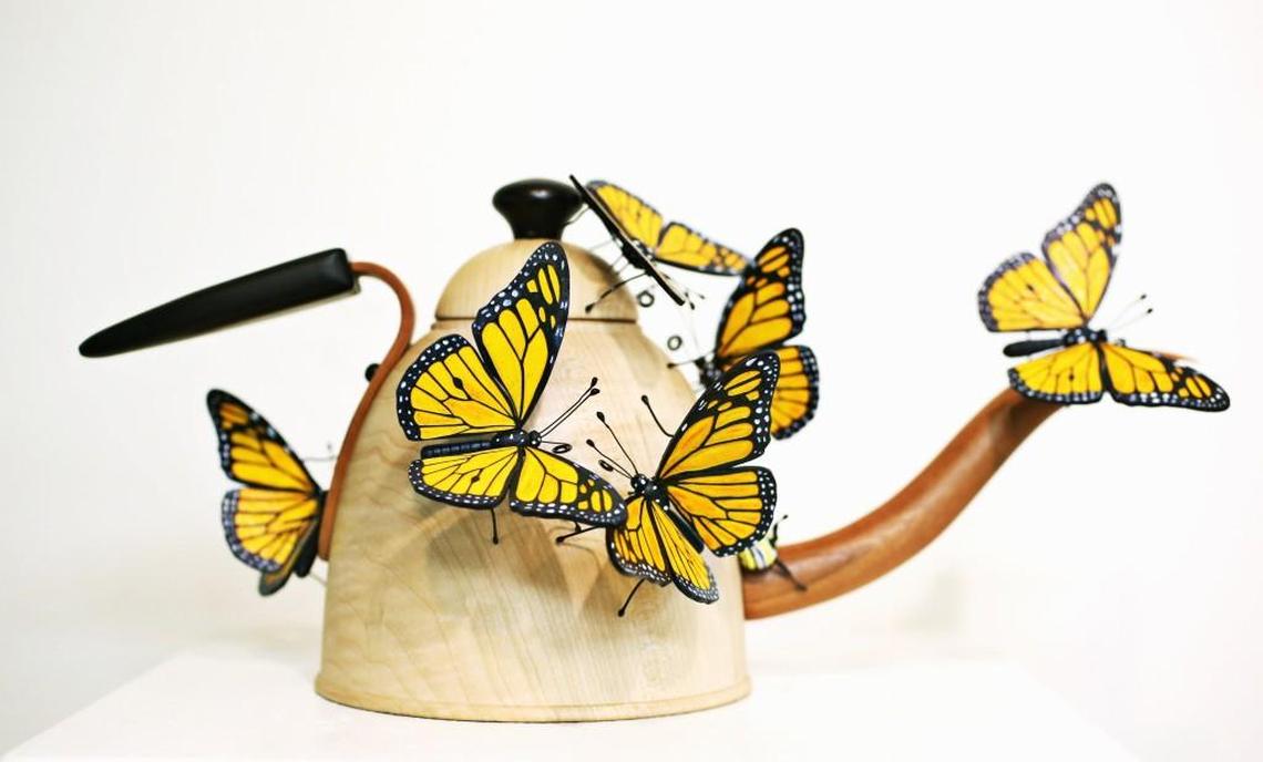 Pennsylvania potter Michael Kehs’ interpretation of an old tea kettle is called “Tea Fit For A King” and at $5,300 it’s the most expensive of the teapots on display at Cedar Creek Gallery’s National Teapot Show.