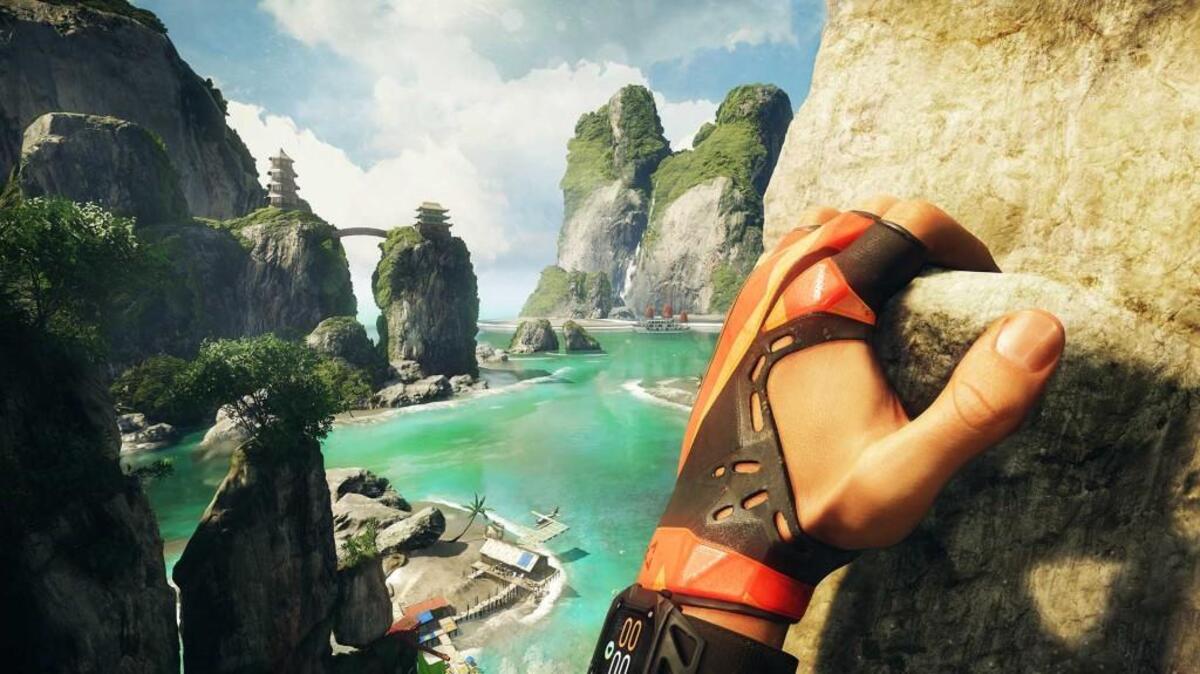 In “The Climb,” players use a game controller’s left and right triggers (each representing a hand) to grab onto the grips in the rock face.