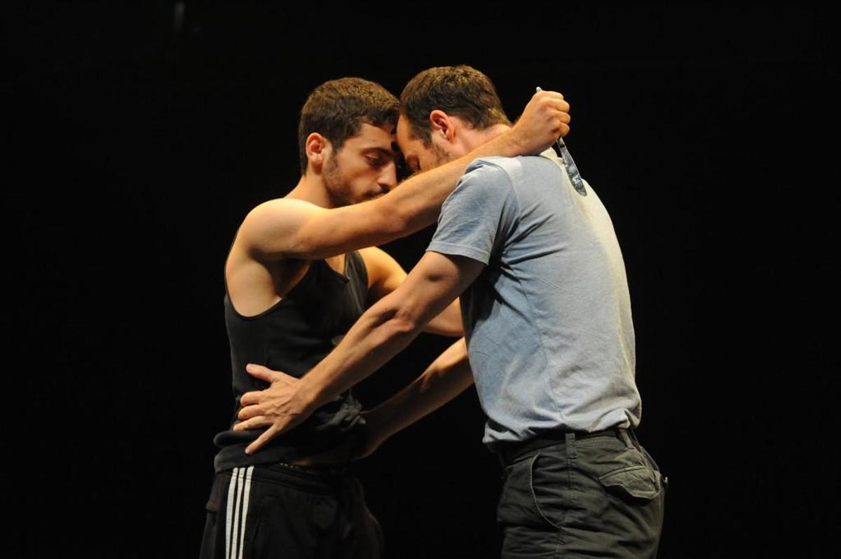 Hillel Kogan and Adi Bourtrous in a performance of “We Love Arabs,” a two-person show Kogan wrote.
