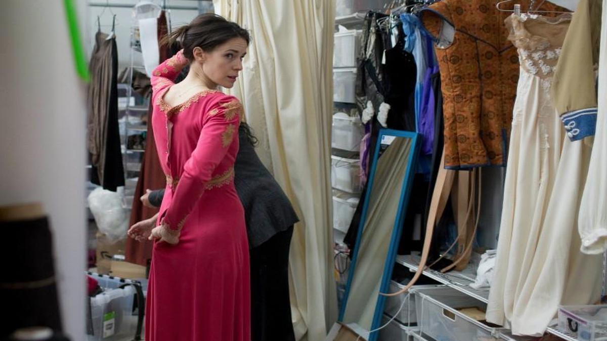Lara O'Brien looks in a mirror during a costume fitting for Lady Macbeth, played by O'Brien, prior to rehearsal for Shakespeare's Macbeth at Carolina Ballet March 30, 2016 in Raleigh, N.C.