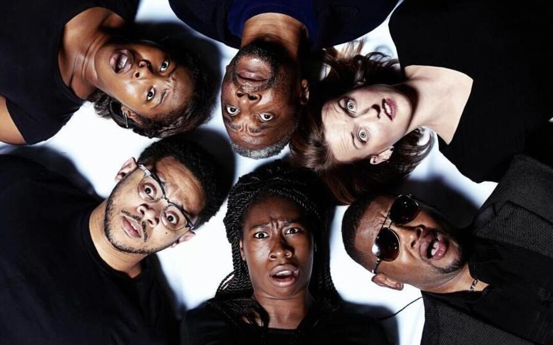 From top center clockwise, Thomasi McDonald as Dad, Amy White as Kimber, TJ Swann as Flip, Tosin Olufolabi as Cheryl, Marcus Zollicoffer as Kent, and Moriah Williams as Taylor in Raleigh Little Theatre’s production of “Stick Fly.”