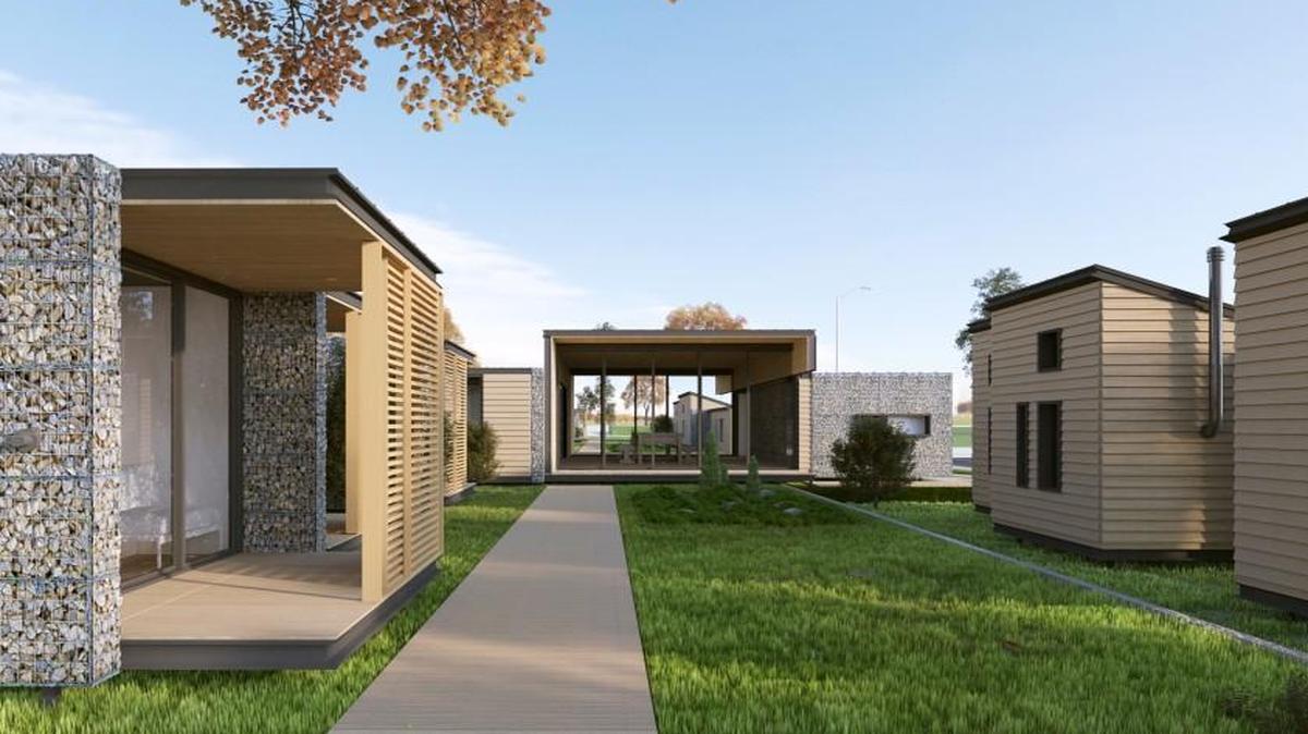 
The winning entry by riza3architects is poised, graceful and well-proportioned. The four clusters of three homes each are organized for neighborliness. 
