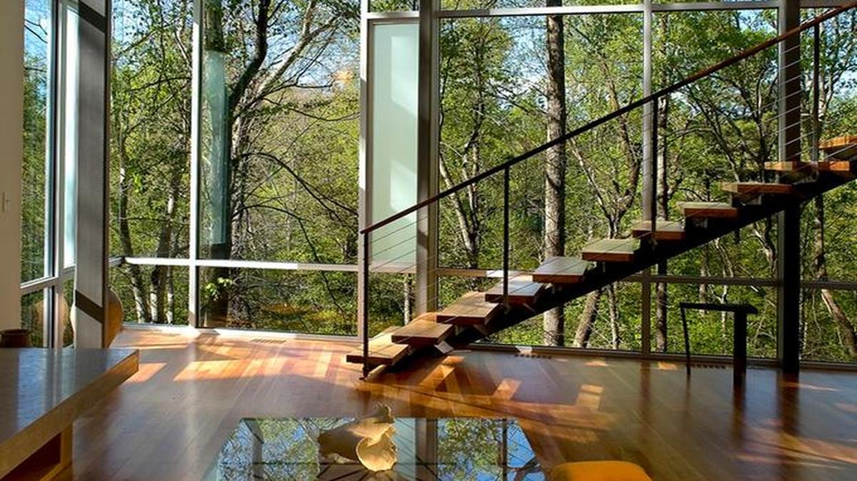 An interior shot of the Strickland-Ferris House built on a 45-degree slope overlooking Crabtree Creek.