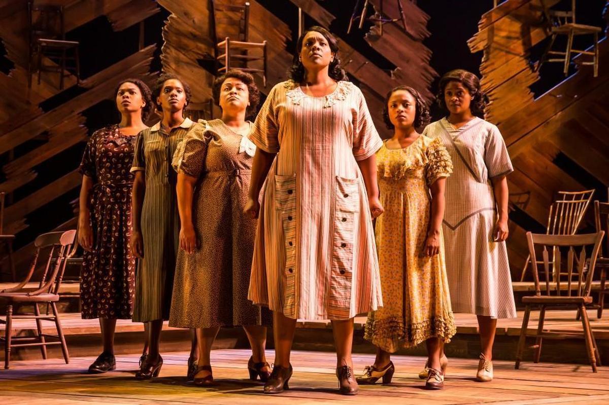 Carrie Compere, center as Sofia, and the North American tour cast of “The Color Purple.” This newly reconceived version, based on the beloved Alice Walker novel, returns to the Durham Performing Arts Center April 3-8.