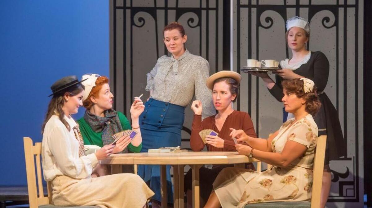 Kelly McDaniel (Peggy Day), Diana Cameron McQueen (Sylvia Fowler), Jess Barbour (Mary Haines), Rebecca Leonard (Nancy Blake), Alyssa Perone (Jane) and Alison Davis (Edith Potter) in Clare Booth Luce’s 1936 play “The Women” which begins its run at Cary Arts Center on August 4th.