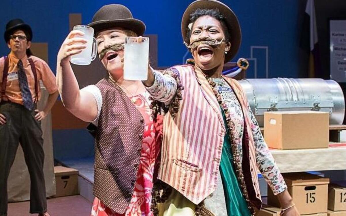 Greg Guiliano as Edwin McFarlan, Cheryl Edison as Joann Ryals, Tosin Olufolabi as MJ Soch in “Beertown.” The production runs from May 6-22nd in Raleigh Little Theatre’s Gaddy-Goodwin Theatre.