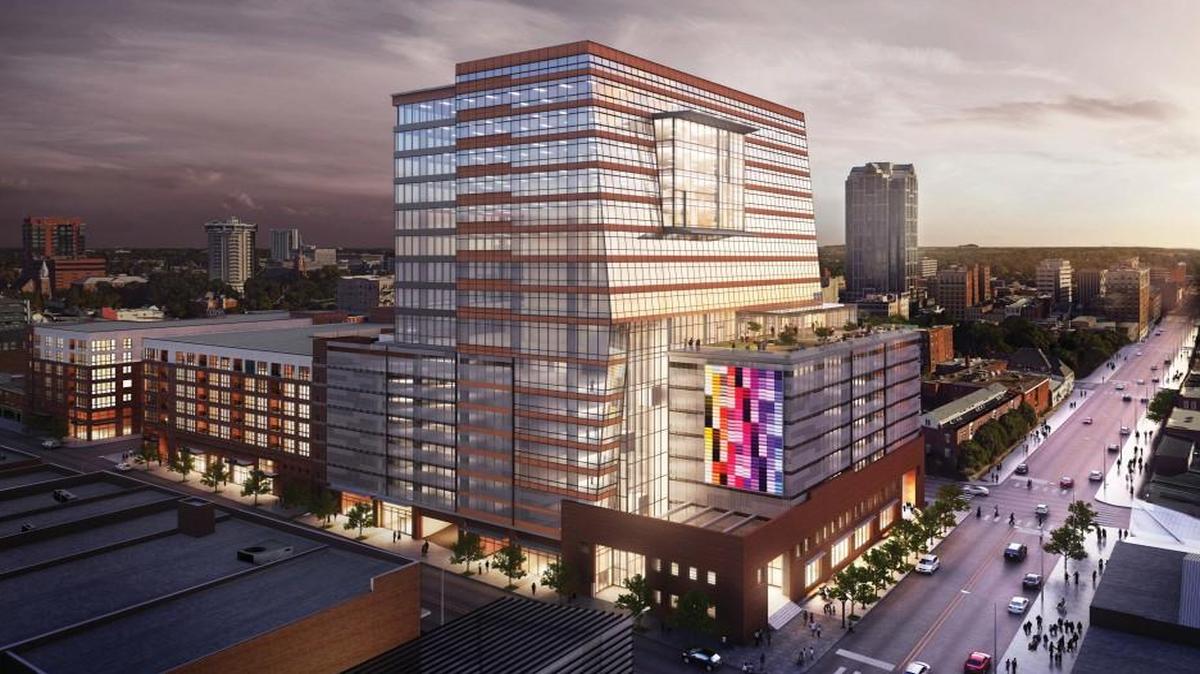 The Dillon, a 17-level, mixed use project by Duda Paine Architects, is scheduled to open in February. Above the parking deck is a ninth-floor terrace for a restaurant and downtown views, and eight floors of offices. At ground level, 25,000 square feet for retailers are tucked into an existing brick facade.