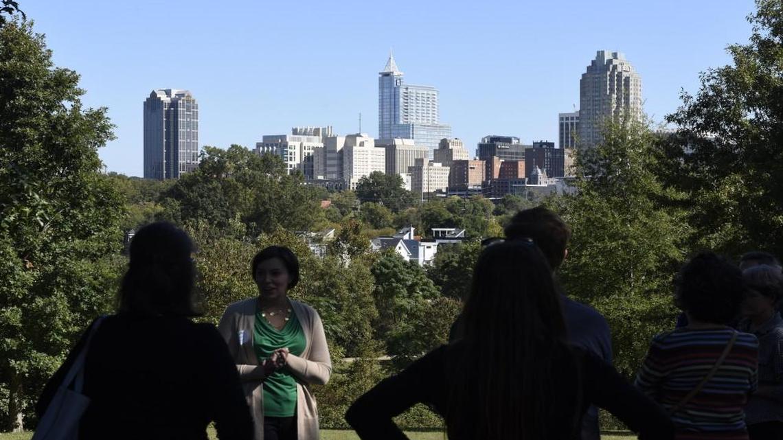 A view of downtown Raleigh is visible as Katie Hertel with the City of Raleigh talks about the history of the Dorothea Dix Hospital on Sunday, Oct. 16, 2016. File Photo