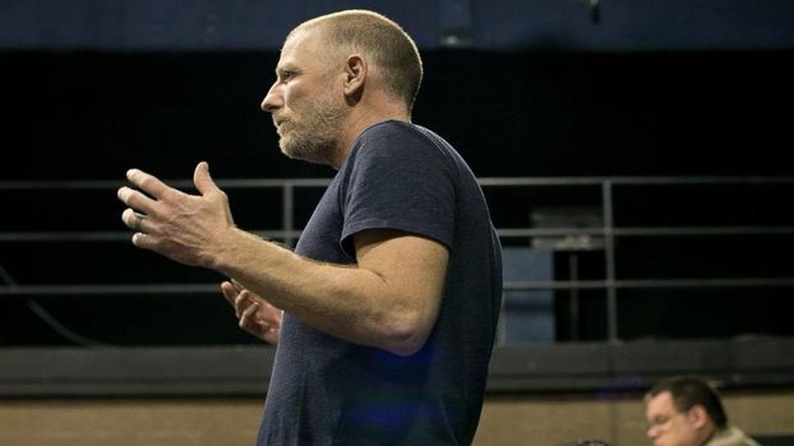 Justin Scranton plays the part of Dave Guy during a rehearsal of “Beertown” at the Raleigh Little Theater on Thursday April 21, 2016 in Raleigh, N.C. The interactive play centers around a community meeting where cast and audience make improvisational changes each night to the base storyline.