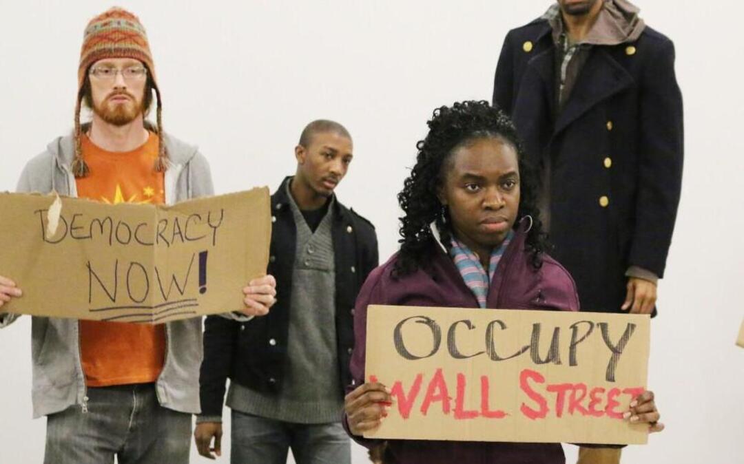 From left, Matthew Kershaw, Gerard Williams, Lebone Moses and Moses T. Alexander Greene in the musical “Zuccotti Park” staged by Justice Theater Project.