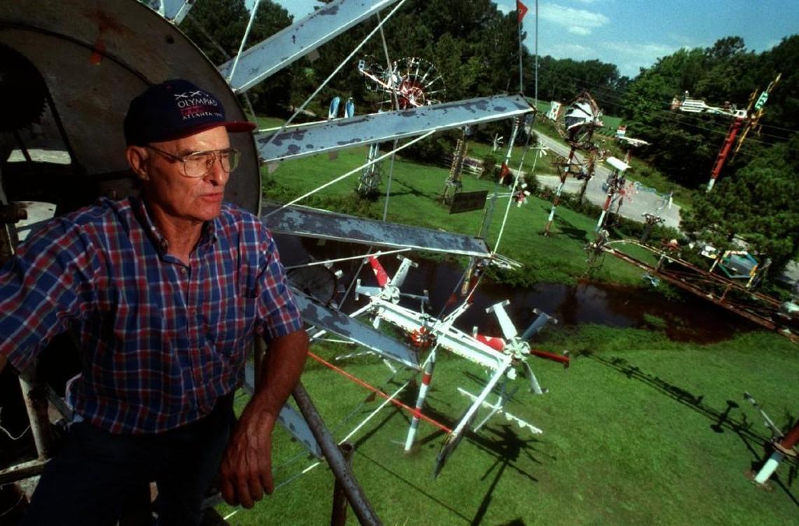 Vollis Simpson looks out over his field of whirligigs from the top of his tallest creation. Locals dubbed it “Acid Park,” and it became a must-see pilgrimage stop for fans of outsider art. Simpson died in 2013, but 30 of his creations now have a permanent home in downtown Wilson.