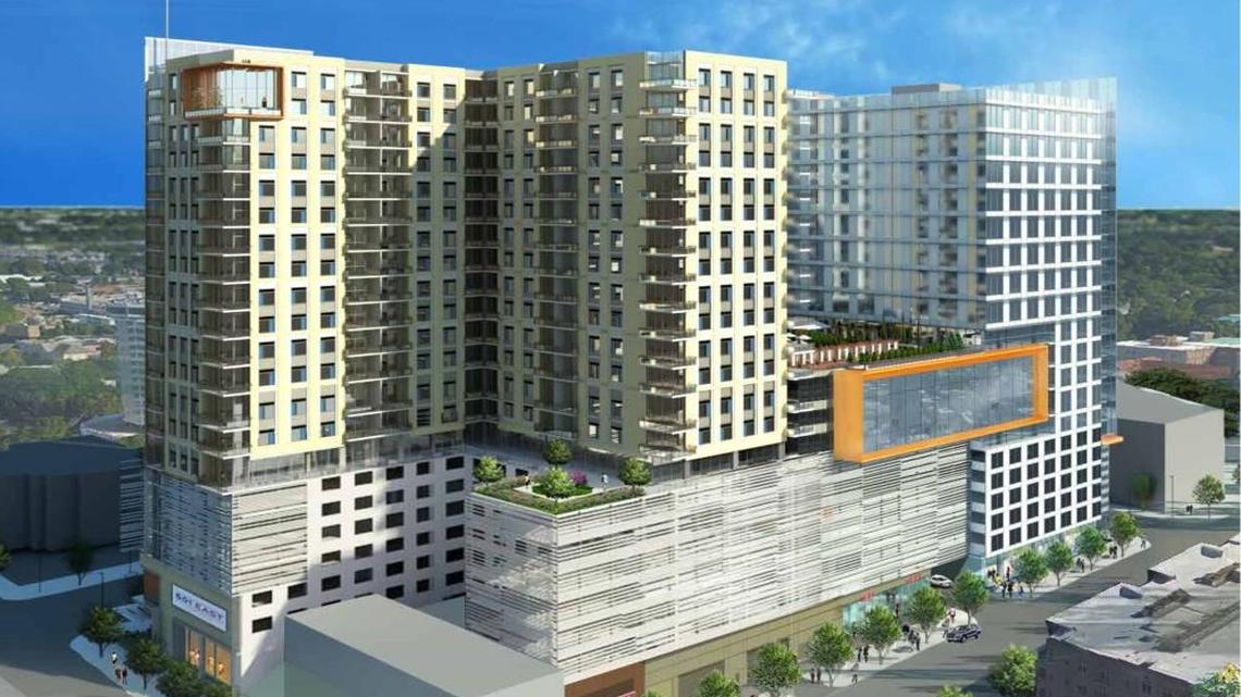 An artist’s rendering of 301 Hillsborough. The Lundy Group proposed a pair of 20-story towers, one for offices along Dawson Street and another for residential use along Harrington Street. They would be part of a two-acre city block that also would include 176 hotel rooms, street-level retail space and parking.