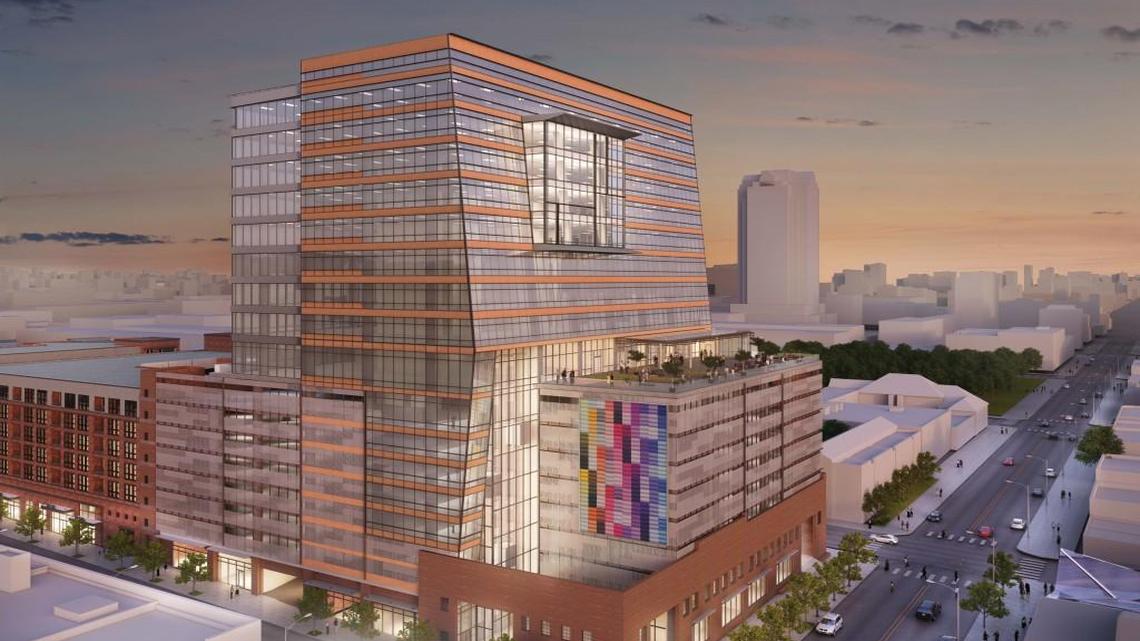 A rendering of the 17-story, mixed-use building for Raleigh’s warehouse district, designed by the Durham firm of Duda Paine for developer John Kane of Kane Realty.
