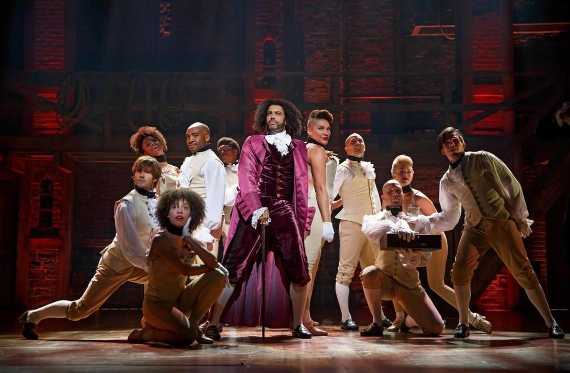 Daveed Diggs, center, is  Thomas Jefferson in the original Broadway cast of “Hamilton.” North Carolina native Ariana DeBose, back row far left, was a key member of the ensemble cast.