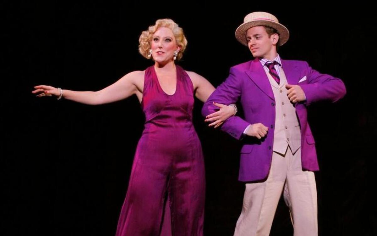 From left, Kaitlin Lawrence as Dorothy Brock and Blake Stadnik as Billy Lawlor in “You’re Getting to Be a Habit with Me” in “42nd Street” at DPAC.