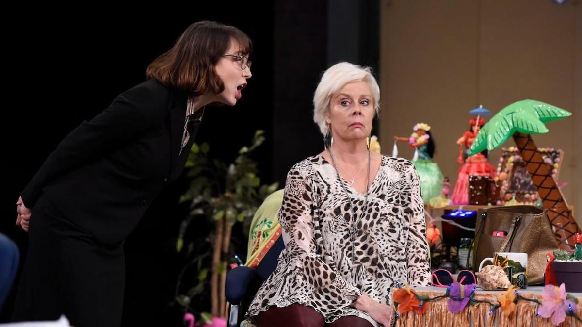 From left, Jenny Latimer as Nicole and Julie Fishell as Gail Gillespie in PlayMakers Repertory Company’s production of ‘The May Queen.’
