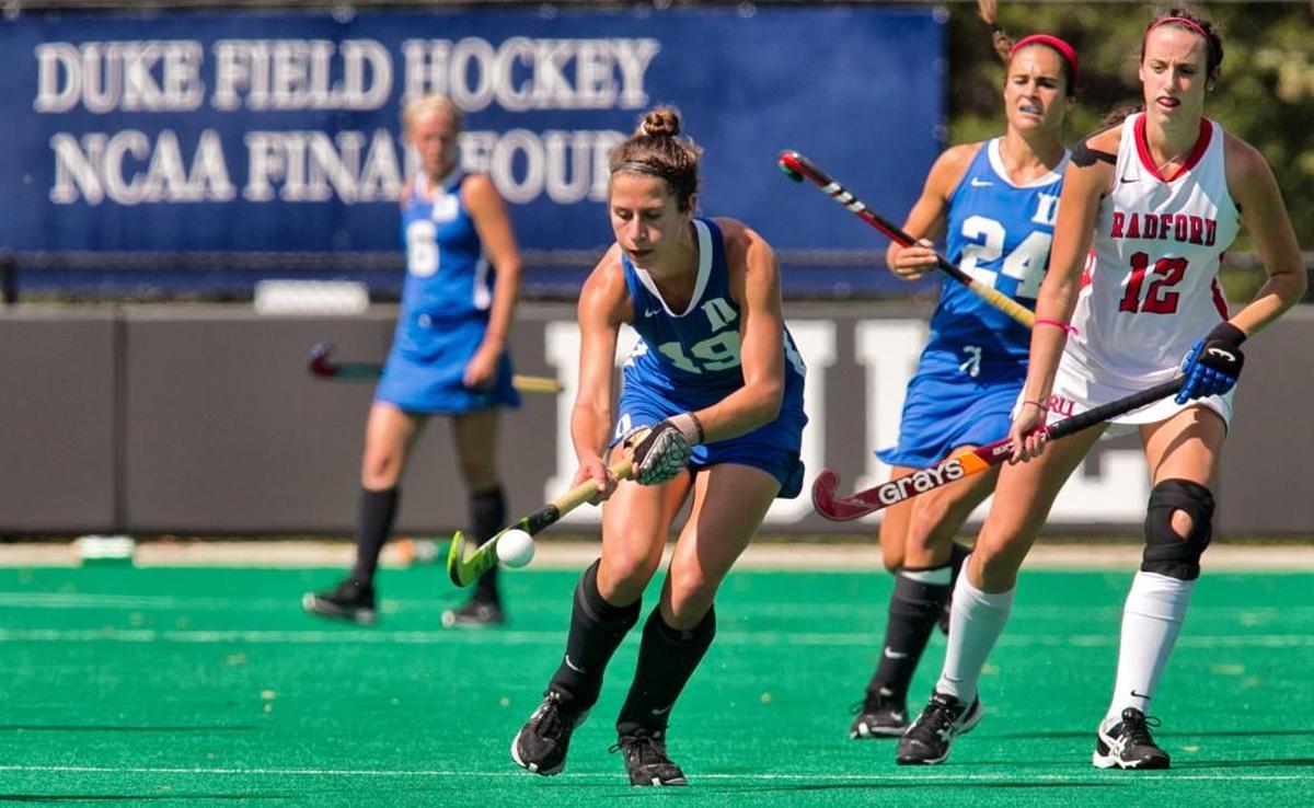 A 2013 photo of Duke field hockey player Cherry Seaborn (19) in action against Radford.