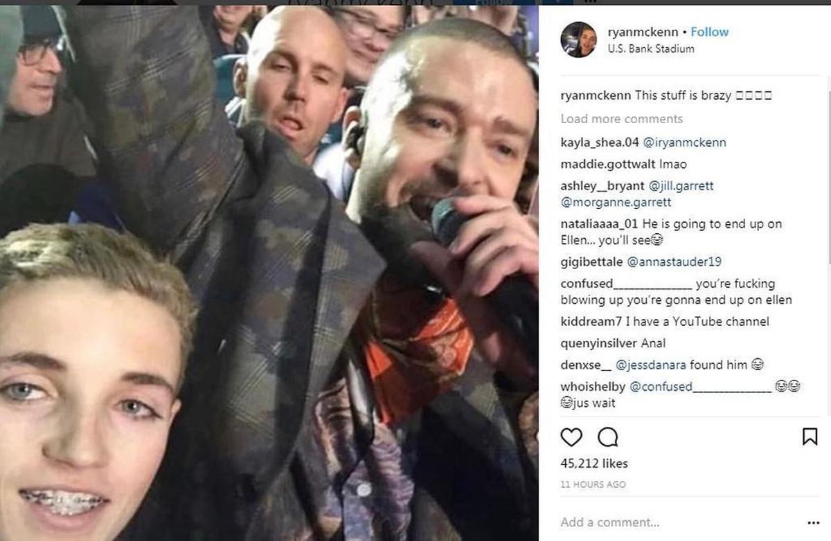 Thirteen-year-old Ryan McKenna took a selfie with Justin Timberlake when the singer ran up the stairs into the crowd during the Super Bowl on Sunday, Feb. 4, 2017. McKenna and his photo became viral overnight. He posted the selfie to Instagram which garnered more than 45, 000 likes by the next day.