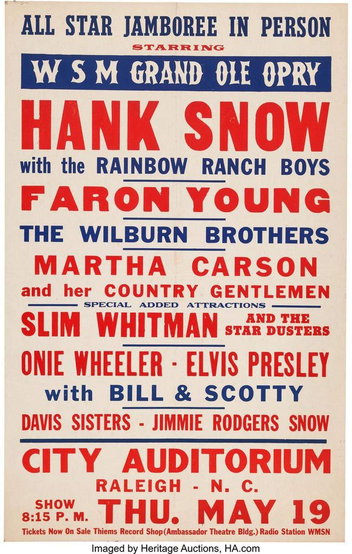The only known example of a poster for one of Elvis Presley's earliest concerts was  for sale through Heritage Auctions’ Entertainment Auction. He performed at the City Auditorium in Raleigh, North Carolina as part of a Grand Ole Opry All Star Jamboree. The poster from May 19, 1955, is the only known copy in existence. Bids start at $5,000.