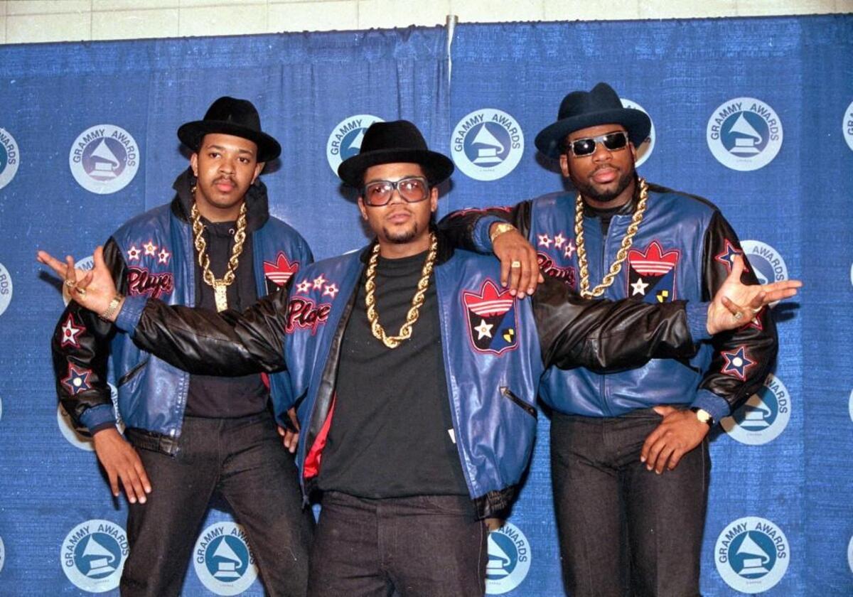 The rap group Run DMC poses at the 31st annual Grammy Awards in New York City on March 2, 1988. From left, Joseph “Run” Simmons, Darryl “DMC” McDaniels, and Jason Mizell “Jam Master Jay.”
