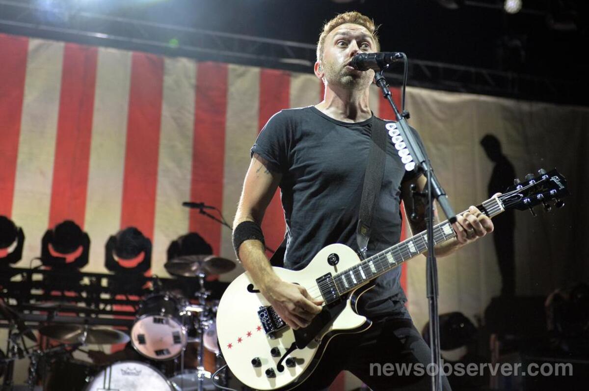 Rise Against in concert with Anti-Flag at Raleigh, N.C.’s Red Hat Amphitheater Tuesday night, Aug. 7, 2018.
