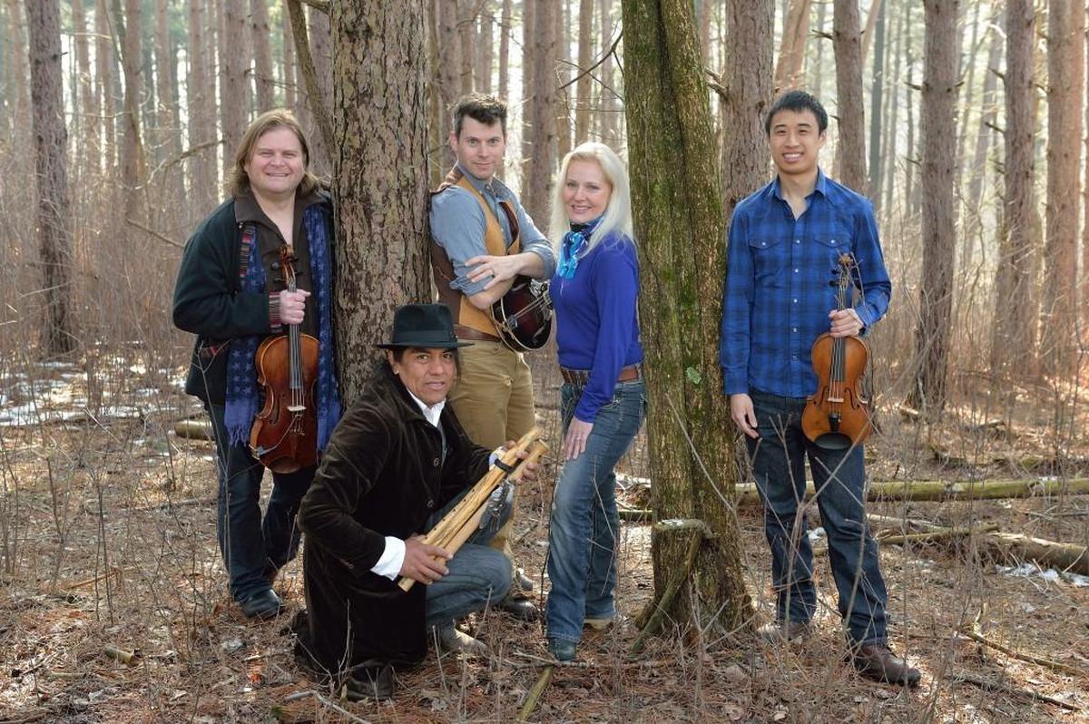 The members of ETHEL are joined by flutist Robert Mirabal March 15 at NC State for an evening of new music inspired by water’s essential role in life. From left are Ralph Farris, Robert Mirabal, Kip Jones, Dorothy Lawson, and Corin Lee.