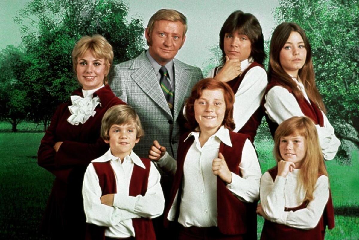 This 1970 photo released by courtesy of Sony Pictures Television shows, back row, from left, cast members, Shirley Jones, Dave Madden, David Cassidy, Susan Dey, and front row, from left, Brian Forster, Danny Bonaduce and Suzanne Crough of the television series, "The Partridge Family."