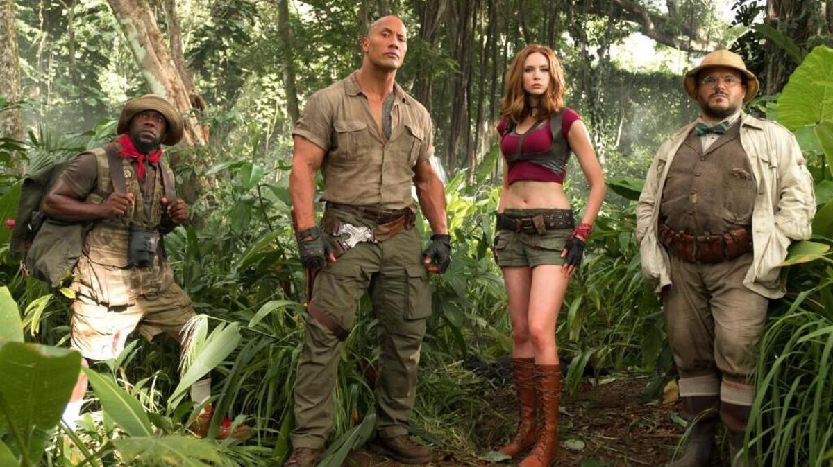 This image released by Sony Pictures shows Kevin Hart, from left, Dwayne Johnson, Karen Gillan and Jack Black in “Jumanji: Welcome to the Jungle.”