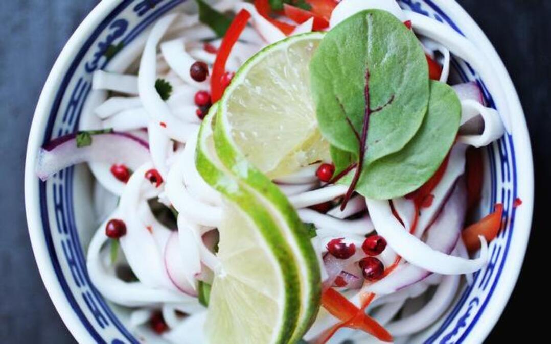 Raleigh Raw in downtown Raleigh offers several "Grab & Go" items including this Coconut Ceviche made up of raw coconut, red onion, bell pepper, cilantro, lime juice, and pink peppercorn.