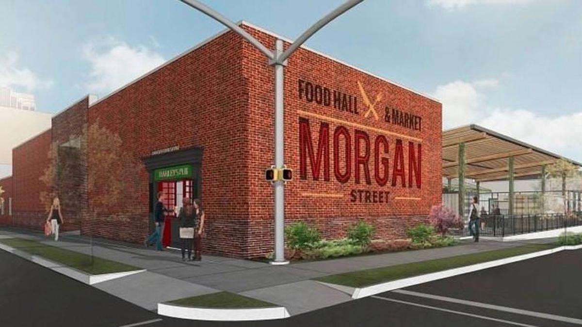 A rendering of the outside of Morgan Street Food Hall, which is opening in downtown Raleigh’s Warehouse District.
