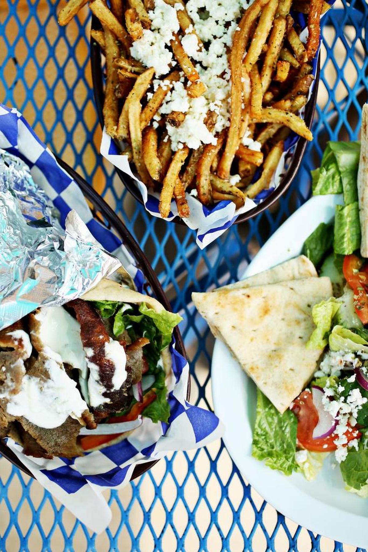 The Gyro Pita at Gussy's Place in Durham is made up of a lamb and beef mix served on a Mediterranean pita, tomato, red onion, with a choice of romaine lettuce or greek fries and tzatziki sauce. The Greek Salad seen here is made up of lettuce, tomato, red onion, cucumber, kalamata olives, feta cheese, E.V.O.O and served with a warm Mediterranean pita.
