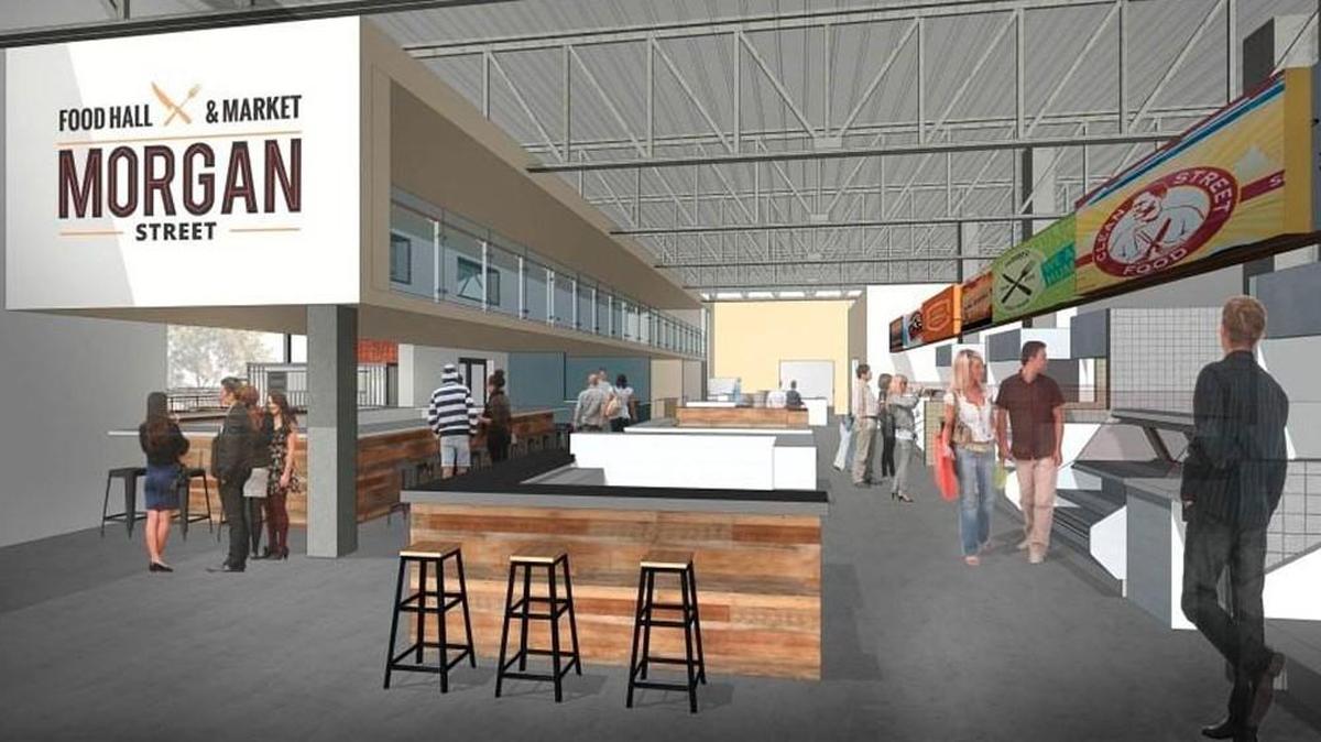 A rendering of Morgan Street Food Hall, which is opening in downtown Raleigh’s Warehouse District.