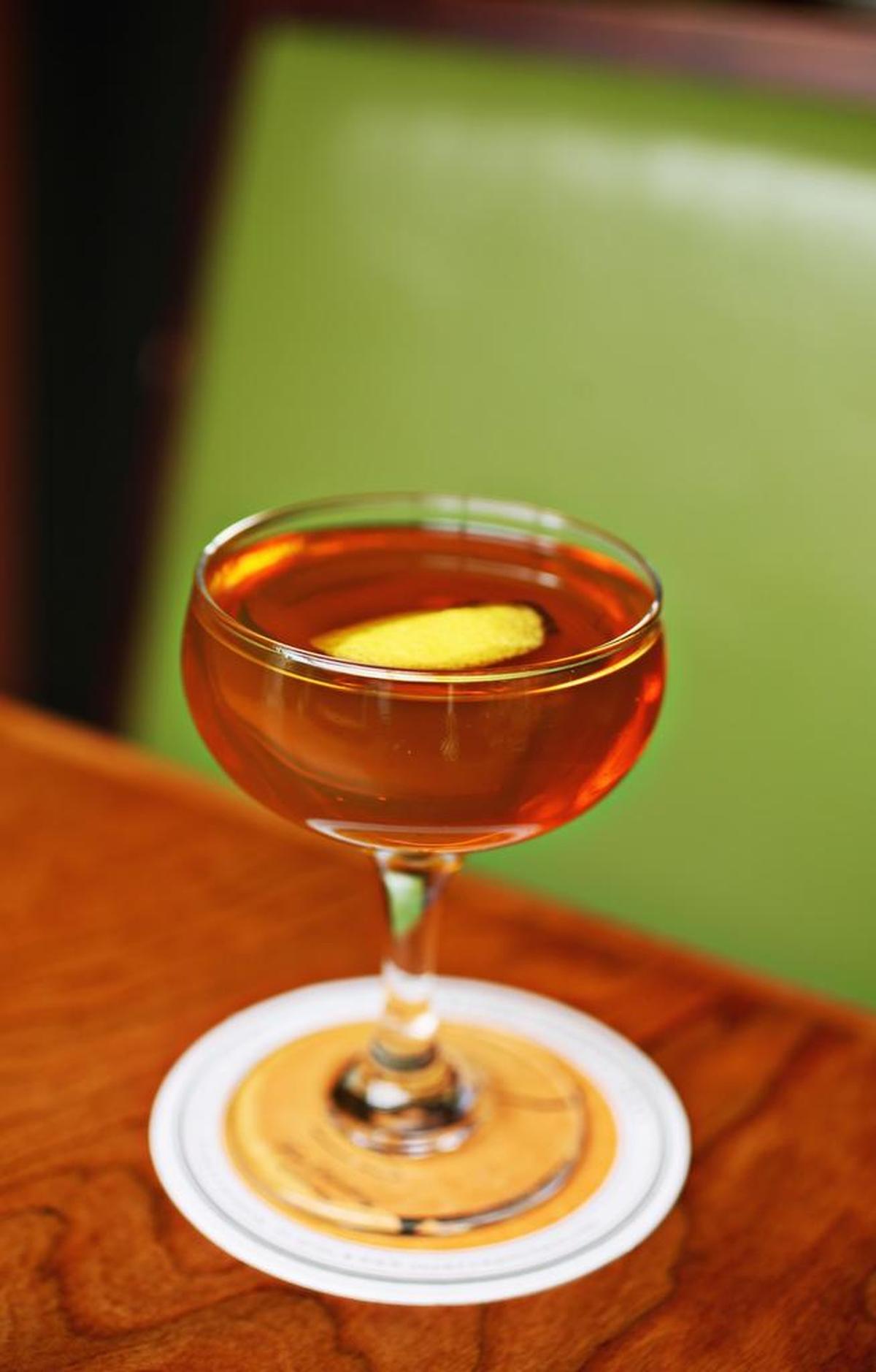 The Alley Cocktail made up of Wild Turkey 101 Bourbon, Dry Vermouth, Cynar, Luxardo Maraschino and celery bitters at Alley Twenty Six in Durham.
