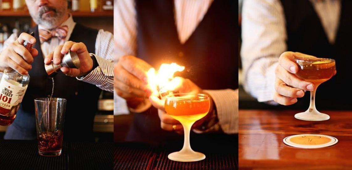 Bartender Shannon Healy prepares the Alley Cocktail made up of Wild Turkey 101 Bourbon, Dry Vermouth, Cynar, Luxardo Maraschino and celery bitters at Alley Twenty Six in Durham.