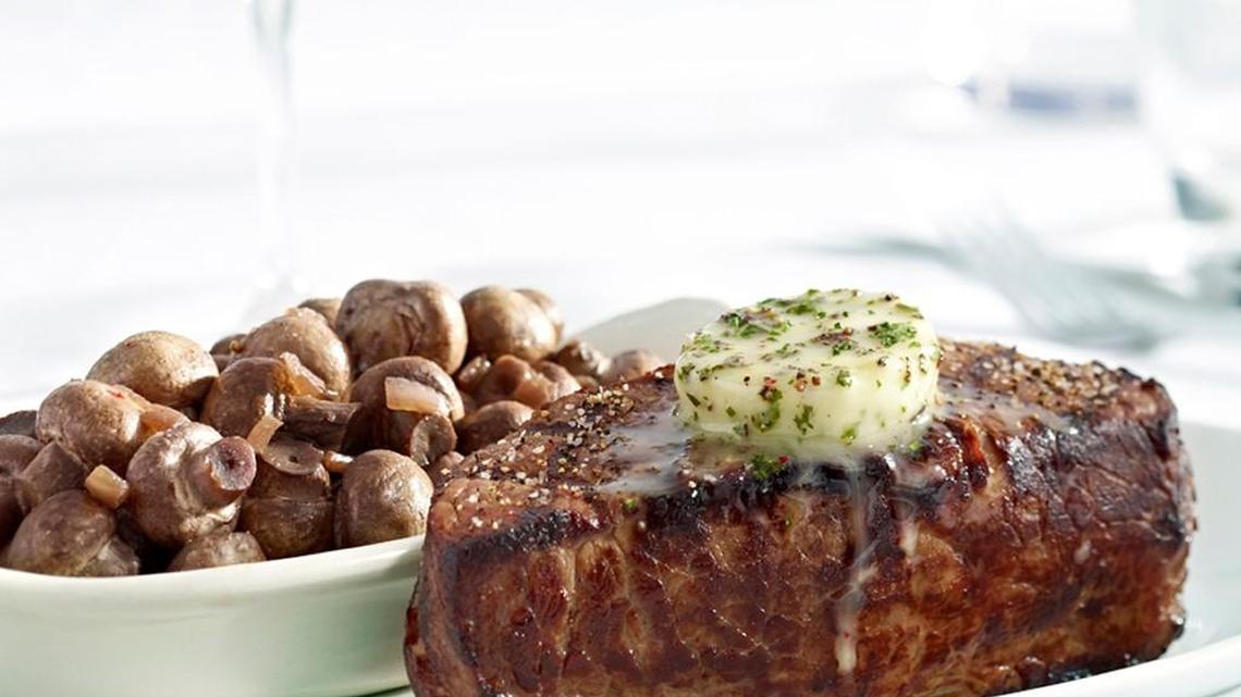 The New York Strip Steak with Burgundy Button Mushrooms at Stoney River Steakhouse and Grill. The restaurant has opened its first North Carolina location in Chapel Hill.
