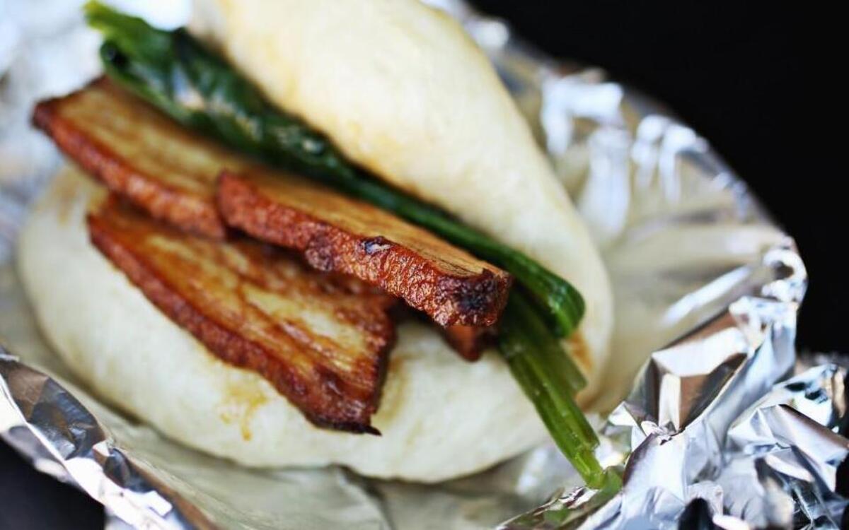 The Sweet Soy Glazed Pork Belly and Chinese Spinach Bun from the Chirba Chirba Dumpling food truck.