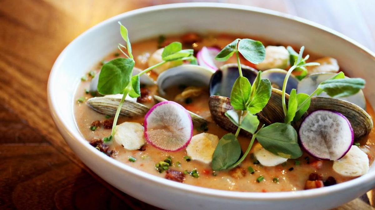 The Clam Chowder at Cortez is made up of house smoked chowder with littleneck clams. The Raleigh restaurant focuses on seafood with Mexican influences.
